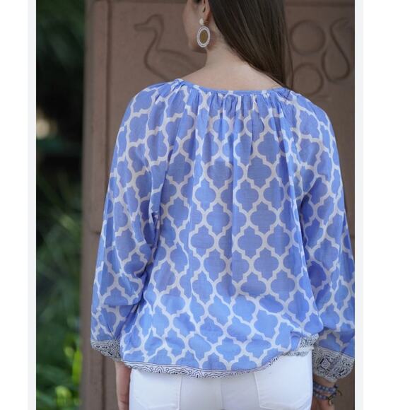 Sundance Blue Moroccan Trellis Print Beaded Peasant Top size Large - Picture 10 of 11